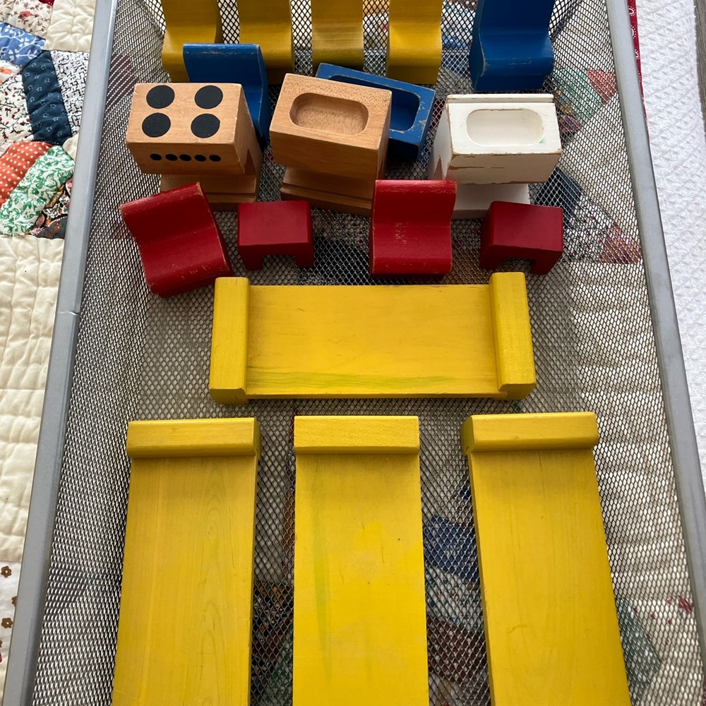 Vintage wooden dollhouse furniture.  18 pieces, red, yellow, and blue.